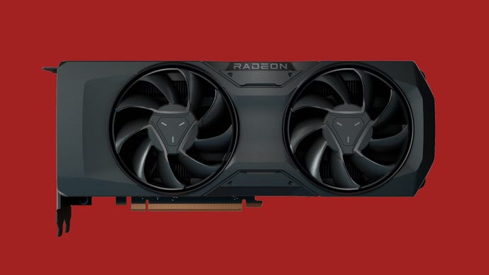 The Radeon RX 7800 XT graphics card on a plain red background.