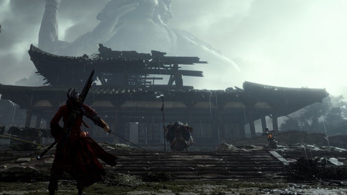 A huge, menacing figure stands at the steps of a ruined temple in Where Winds Meet.